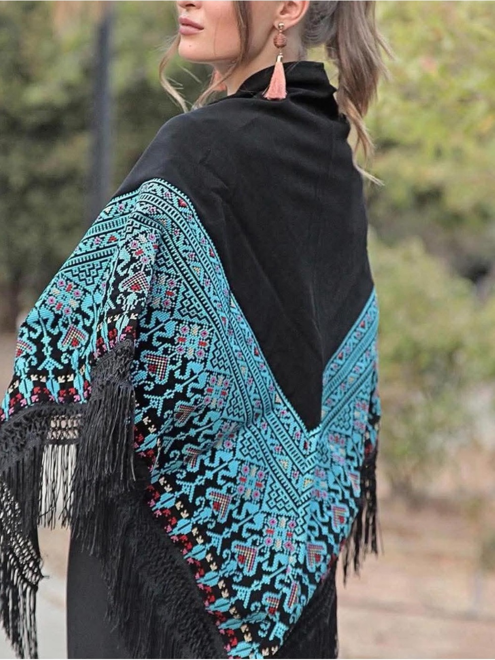 NWT Palestinian Embroidered Tatreez Shawl Fringe Scarf Wrap Black Teal Blue